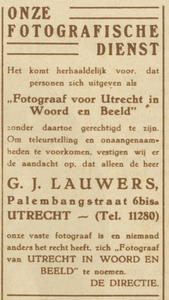 717215 Advertentie van de directie van het weekblad 'Utrecht in Woord en Beeld', Boothstraat 3 te Utrecht, met de ...